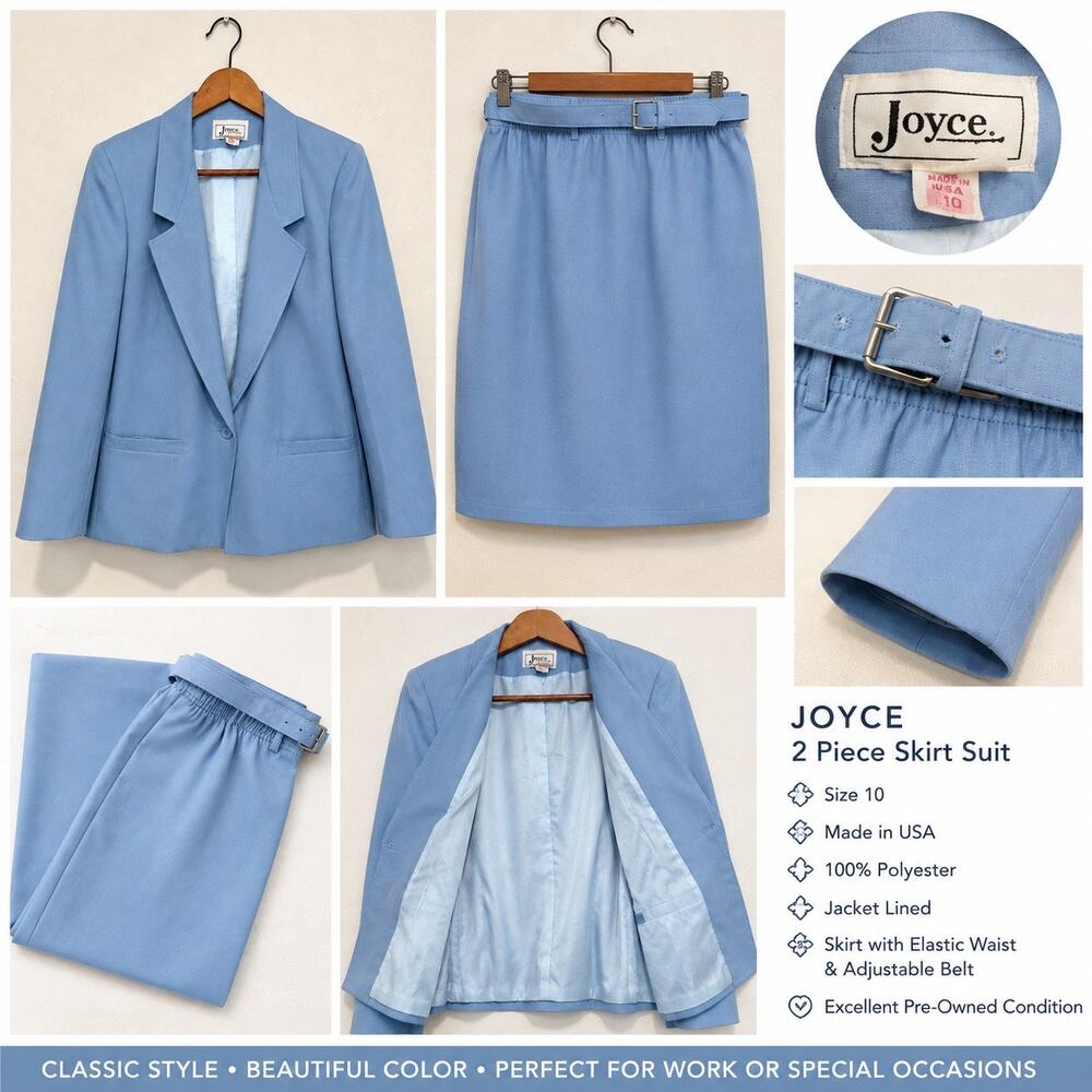 VTG Joyce Sportswear Light Blue Womens Suit Blazer Knee Length Skirt Corporate - Picture 1 of 6